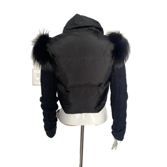 BCBG MaxAzria S Cropped Down Fur Knit Puffer Jacket Black Long Sleeve Women's - Picture 4 of 9